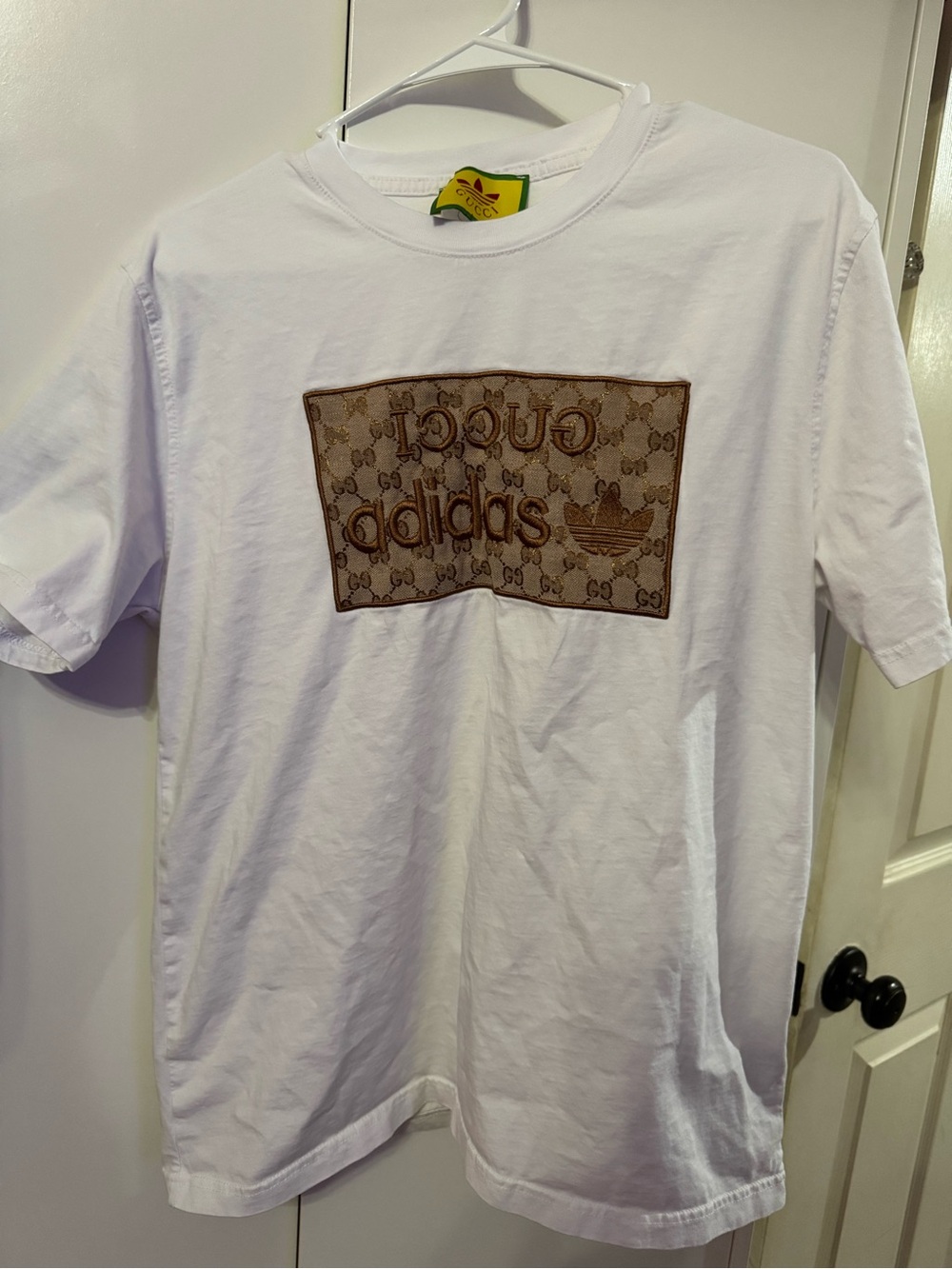 White Short Sleeve Tee with Brown Logo Patch